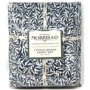 William MORRIS & CO. QUEEN Sheet Set Blue Leaves Willow 100% Cotton 4pcs NIP